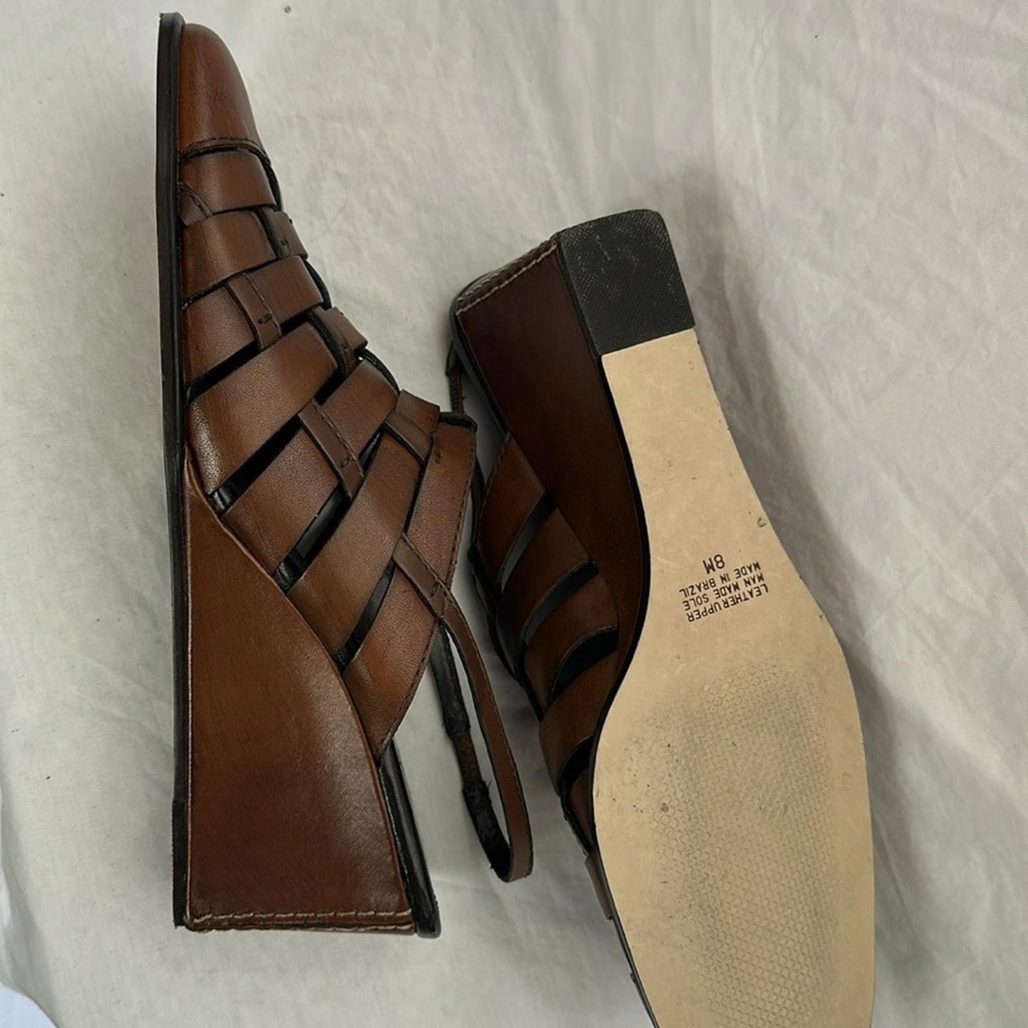 Women’s fisherman sandals, shoes, heels, brown leather, Sz 8 M