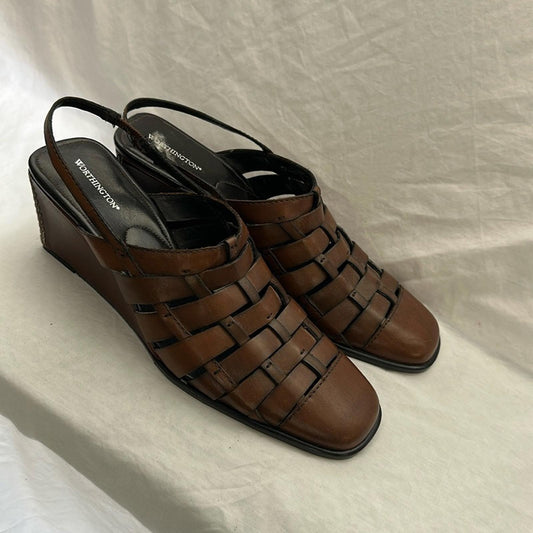 Women’s fisherman sandals, shoes, heels, brown leather, Sz 8 M
